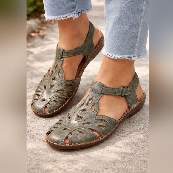 PIKOLINOS Shoes - Pikolinos Leather Cutout Slingback Sandals EU 41 Gray Green Comfort Walking Shoe